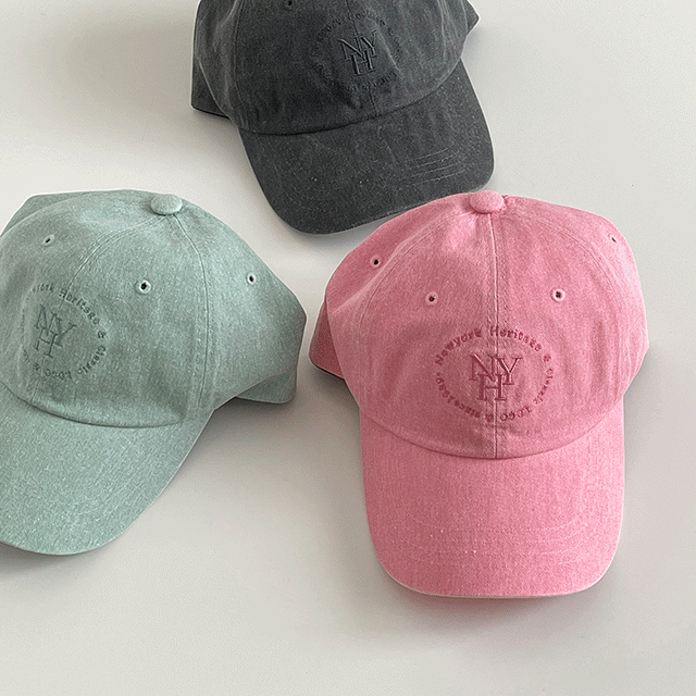 NYH 빈티지 컬러 피그먼트 헤리티지 워싱 레터링 자수 볼캡 소두핏 모자 (3color)